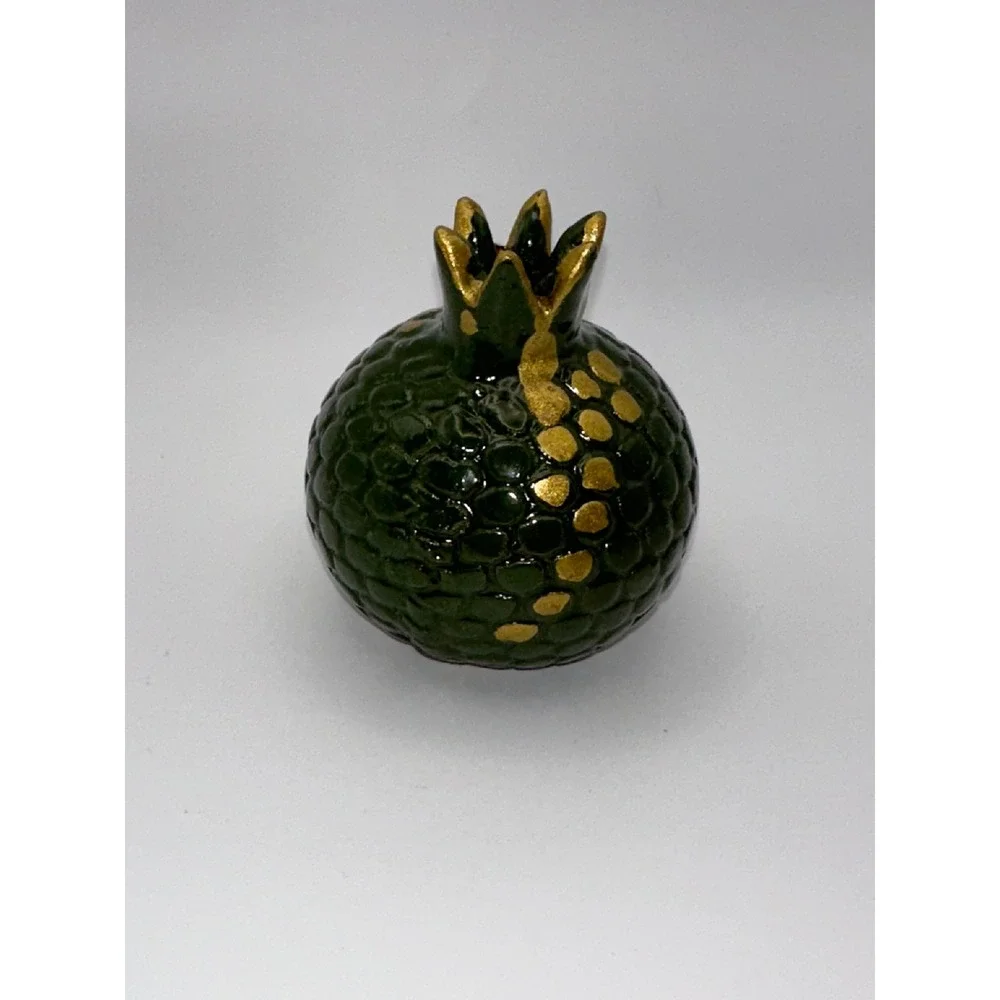 Handmade Ceramic Pomegranate Bud‎ Vase Green and Gold Textured Pottery Signed